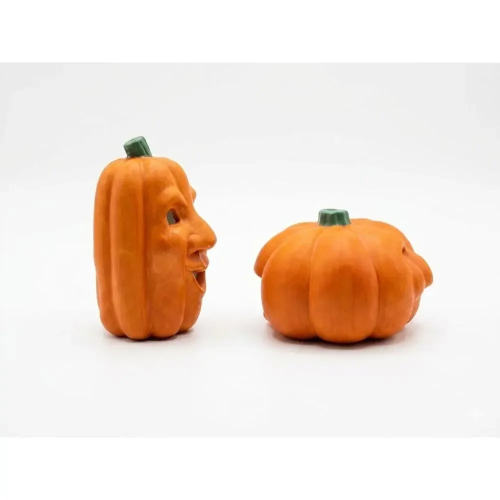 Vintage Pumpkin Figurine Set of 2 - 1990s Tall & Squat Jack-O-Lanterns Halloween